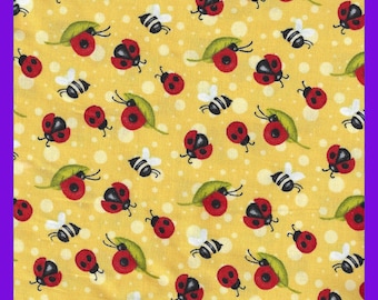 Ladybugs & Bees on Yellow Cotton Quilting Fabric, 1 Yard, 44 inch Wide, Quilts, Kids Clothes, Book Covers, Pillows, Doll Clothes