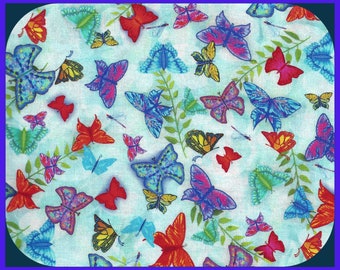 Rainbow Butterfly Cotton Quilting Fabric, Butterflies on Caribbean Blue, 44 Inch Wide, 1 Yard, Coin Bags, Doll Clothes, Pillow Covers