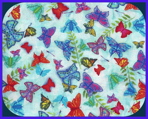 Rainbow Butterfly Cotton Quilting Fabric, Butterflies on Caribbean Blue, 44 Inch Wide, 1 Yard, Coin Bags, Doll Clothes, Pillow Covers