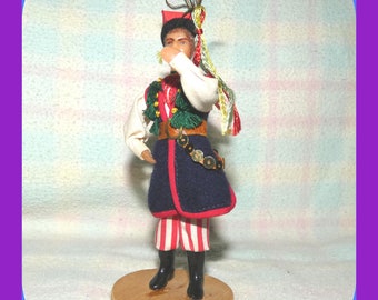 Vintage POLISH Male Doll 5.5 Inch Tall, Spoldzielnia Pracy R.L.i.A. Polish Folk Doll, Handmade, Round Wood Base, Costume Poland Ethnic,