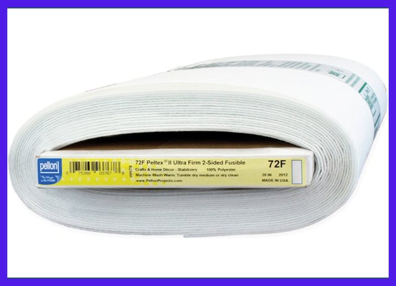 May include: A roll of white 72F Peltex II Ultra Firm 2-Sided Fusible interfacing for crafts and home decor. The label reads "72F Peltex II Ultra Firm 2-Sided Fusible", "Crafts & Home Decor Stabilizers", "100% Polyester", "Machine Wash Warm", "Tumble dry medium or dry clean", "www.PellonProjects.com", "72F", "20 IN 2012", "MADE IN USA".