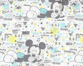 Sleeping Mickey Mouse Cotton Quilting Fabric Cute Sleepy Little One, Quilting, Pillows, Crib Sheets, Doll Clothes,  Kids Clothes Doll Clothe