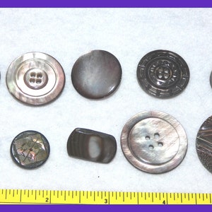 Seashell Hand Carved BUTTONS, Set of 10 Vintage MOP Buttons, 2, 4 Hole, Metal Shank, Shapes, Button Collecting, Fasteners, Shiny Gray