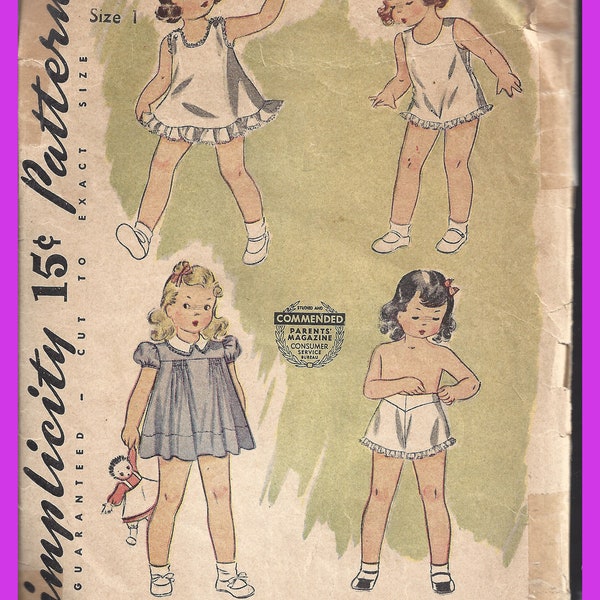 Vintage Pattern for Toddler Girls Doll Panties Dress Slip 1940's Size 1 Clothes Simplicity Complete Pattern 3645, Sewing Notions, Ephemera