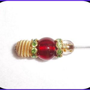 Green Red Gold HAT PIN Brooch Silver Plate Stick Pin Victorian Green Swarovski Crystal Elements 6 Inch & Tip, Victorian Fashion, Millinery