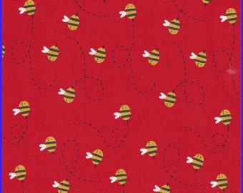 Honey Bees on Red Cotton Quilting Fabric, Henry Glass Fabrics, Save The Bees, Quilts, Pillow Cases, Doll Clothes, Masks, Child Dress