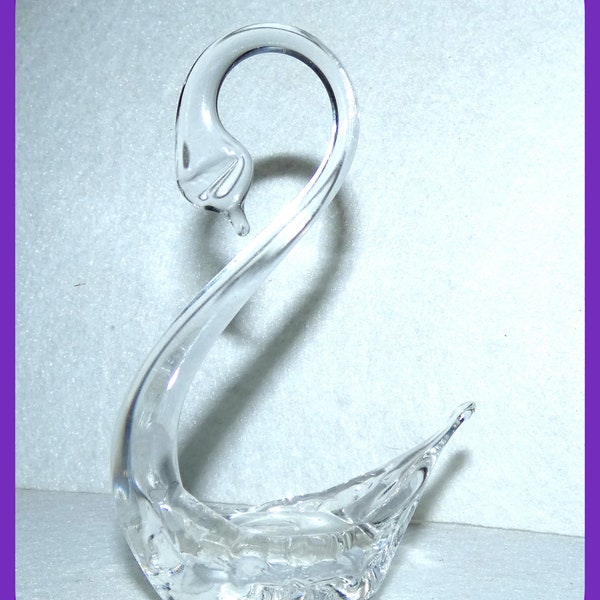 Pairpoint Crystal Clear Glass Swan, 4-3/4 Inches 1970s, Vintage Art Glass, Long Necked Handblown & Feathered Wings, Label Marked, Pen or Cob