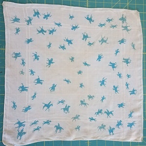 Equestrian Silk Hankie Handkerchief Horses, 16 x 16 inch, Neck Scarf, Turquoise & Cream White, 1940s era, Horseback Riding, Horses, Neck Tie