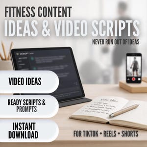Könnte beinhalten: Bild zur Förderung von Fitness-Content-Ideen und Videoskripten. Ein Tablet zeigt eine ChatGPT-Oberfläche, mit einem Smartphone, das eine Person beim Training zeigt. Ein Notizbuch und ein Stift liegen auf dem Tisch, mit dem Text "Video Ideas" und "For TikTok • Reels • Shorts".