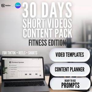 Könnte beinhalten: Eine digitale Marketinggrafik, die ein 30-Tage-Kurzvideo-Content-Paket für Fitness bewirbt. Das Bild zeigt einen Laptop und ein Tablet mit dem Text "VIDEO TEMPLATES", "CONTENT PLANNER" und "READY TO USE PROMPTS". Das Paket ist für TikTok, Reels und Shorts konzipiert.