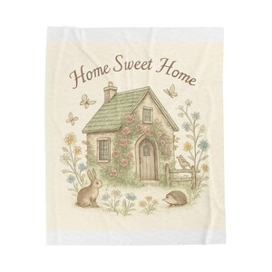 Home Sweet Home cottage illustration Velveteen Plush Blanket | bunny hedgehog floral