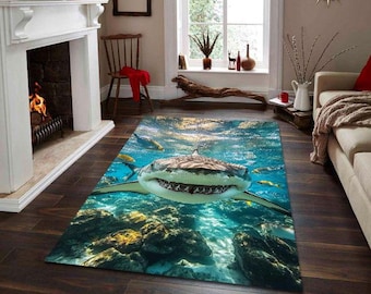 Hyper Realistic Shark Rug – 3D Underwater Ocean Carpet with Marine Life, Bold Aquatic Decorative Design for Modern Home Interiors