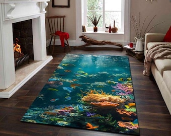 Alfombra con temática oceánica, Alfombra bajo el agua, Alfombra de peces, Alfombra popular, Alfombra estética, Alfombra para habitación juvenil, Alfombra para sala de estar, Alfombra estética, Alfombra de área, Tema oceánico