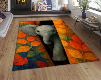 Baby Elephant Rug – Jungle Safari Animal Carpet, Nature Tones