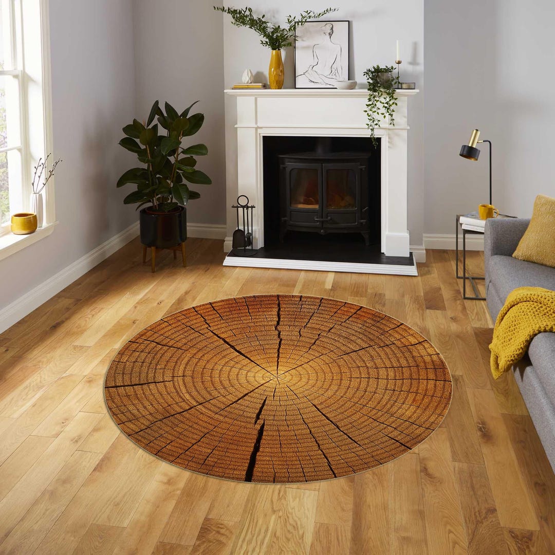 Wood Textile Rug Wood Log Slice Round Rug – Hyper Realistic Tree Ring Circle Carpet ...