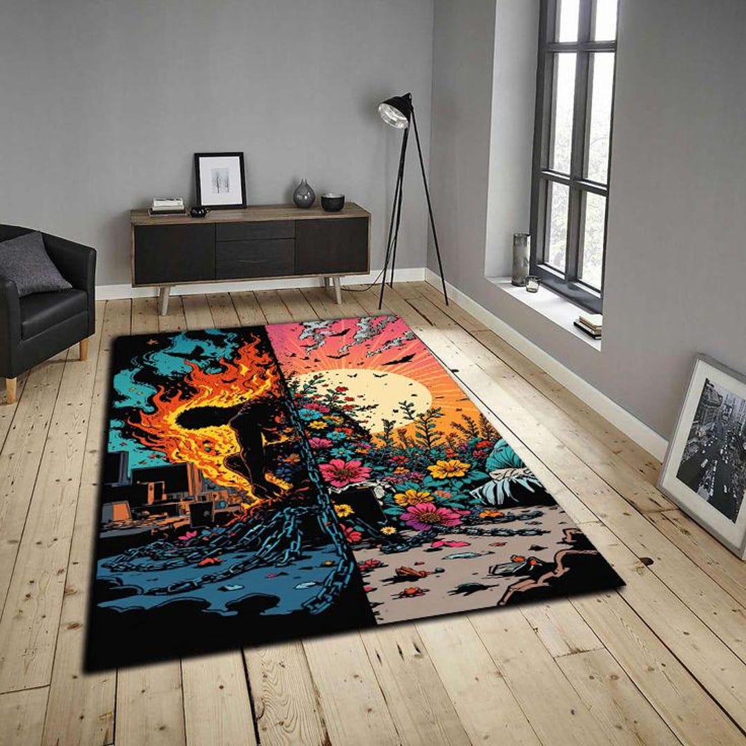 Duality Flame & Bloom Art Rug – Half Fire Half Flowers Symbolic ...