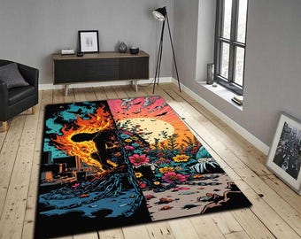 May include: A rectangular area rug with a vibrant, split design. One side depicts a fiery scene with a figure, the other a floral landscape with a large sun. The rug features a black border and is placed on a wooden floor.