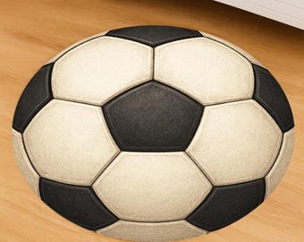 Alfombra redonda con balón de fútbol: clásica alfombra circular en blanco y negro para decoración de salas deportivas, habitaciones infantiles o salas de juegos.
