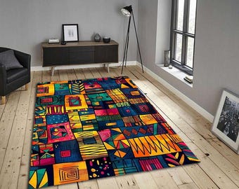 Colorful Abstract Patchwork Rug – Vibrant Tribal Geometric Area Carpet, Boho Multicolor Artistic Pattern Home Decor