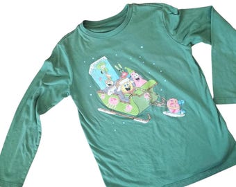 Vintage SpongeBob Christmas T-Shirt: Green Holiday Graphic Tee (Child Sz L) vintage clothing
