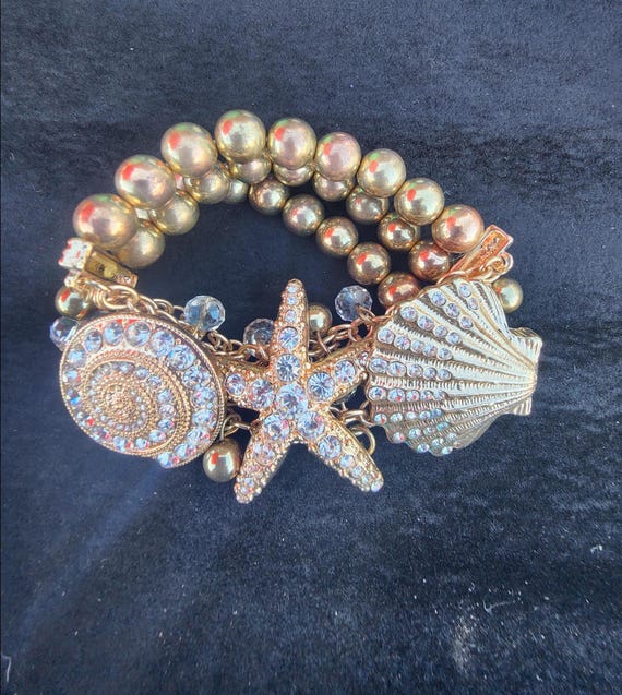Seashell, Starfish, Shell Rhinestone Bracelet, Go… - image 1
