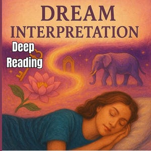 May include: An illustration with the words "DREAM INTERPRETATION" and "Deep Reading". A woman sleeps peacefully below an elephant, a key, a lotus flower, and a golden path. The background is a gradient of orange, purple, and pink.