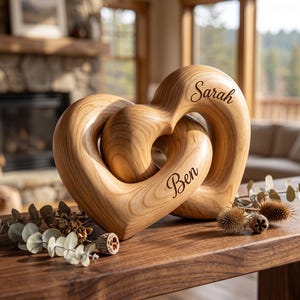 Könnte beinhalten: Eine hellbraune Holzskulptur aus zwei ineinander verschlungenen Herzformen. Die Namen Sarah und Ben sind in dunkler Schreibschrift in die Holzoberfläche eingraviert. Getrocknete Eukalyptusblätter und kleine Samenkapseln liegen an der Basis.