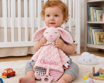 Manta de apego personalizada para bebé con diseño de conejito, manta con nombre bordado personalizado, manta de seguridad Minky Dot, manta para recibir al bebé, regalo para baby shower.