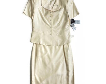 NWT Vintage 100% Silk Skirt Suit Size 10-12 Elegant Opal Cream Bridal 2pc Blazer Set Albert Nipon 1990s Minimalist Wedding Dress Vow Renewal