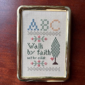 Vintage Framed Cross Stitch Sampler Religous Christian Wall Art Cottagecore Alphabet Needlework Small Gold Tabletop Picture Frame