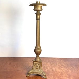 Antique French Brass Altar Candlestick Large 22” 19th Century Church Candle Holder Holy Family Imagery Sacred Heart Jesus St Joseph
