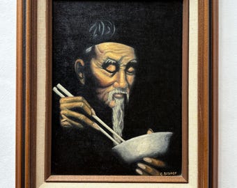 Retrato vintage original al óleo sobre lienzo de 16,5 x 13,5 cm. Bellas artes asiáticas de mediados de siglo. Pintura al óleo de ambiente melancólico, estilo Dark Academia, claroscuro.