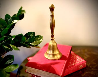 Vintage Solid Brass Hand Bell Mid Century Brass Decor Old World Accent for Bookshelf Brass Patina Eclectic Decor Hostess Gift