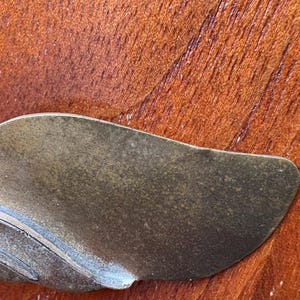 Op de afbeelding: Close-up van een metalen, bladvormig object met een getextureerd oppervlak. Het object heeft een donkere, verouderde uitstraling, met hints van groen en bruin. De achtergrond is een rijke, roodbruine houtnerf.