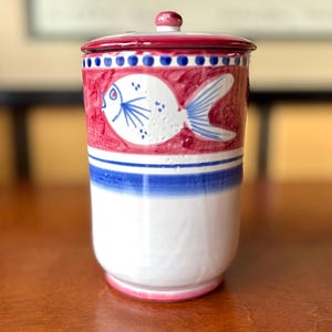 Vintage Vietri Solimene Campagna Pesce Canister Large 8.75” Hand-Painted Italian Pottery Storage Jar Blue & Red Fish Pattern Made in Italy