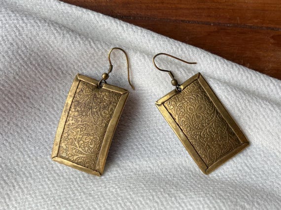 Vintage Brass Drop Earrings Rectangular Etched Da… - image 1