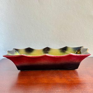 Vintage Hull Pottery Imperial Planter 82 | Mid Century Modern Low Window Box Centerpiece | Burgundy Red Chartreuse Green Drip Glaze Ceramic