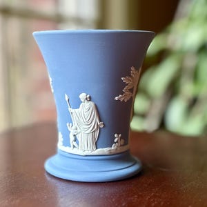 Vintage Wedgwood Blue Jasperware Trumpet Vase, Small Neoclassical Posey Pot Made in England English Pottery Flared Greco Roman Ceramic