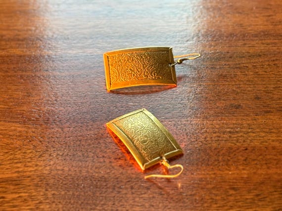 Vintage Brass Drop Earrings Rectangular Etched Da… - image 5