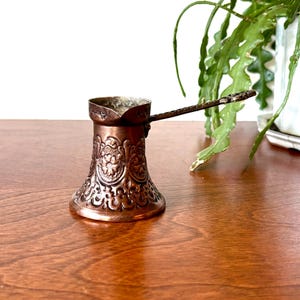 Vintage Copper Turkish Coffee Pot, Ornate Embossed Ottoman Cezve, Small Single Serving Ibrik Briki, Mid Century Metal Kitchen Decor