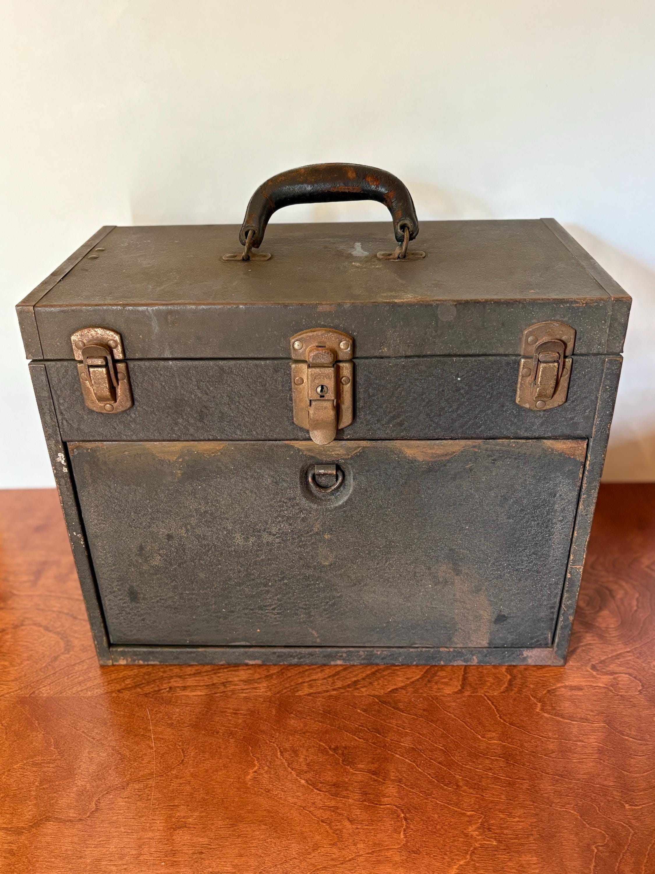 Vintage Kennedy Kits Rare Model 516 Machinist Tool Box Chest Leather Handle Industrial Metal 7 Drawer Organizer with Brass Pulls No Key