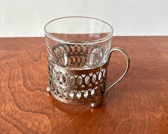 Vintage Arcoroc France 6 oz Glass with Silver Toned Podstakannik Russian Style Tea Glass Holder Mid Century Modern Barware Ornate Glassware