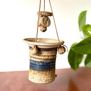 Vintage 1970s Studio Art Pottery Hanging Planter with Cork Drainage Hole, Hand Thrown Stoneware Boho Plant Pot, Mid Century Modern Ceramics