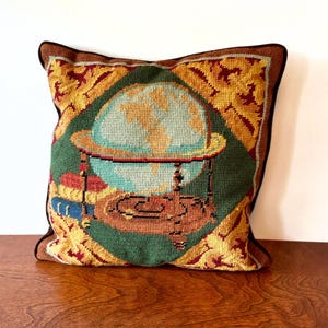 Vintage Needlepoint Globe Pillow • Dark Academia Library Decor • Hand Stitched Wool Tapestry Cushion • Grandmillennial Accent Pillow Brown