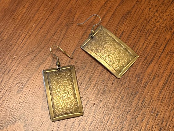 Vintage Brass Drop Earrings Rectangular Etched Da… - image 1