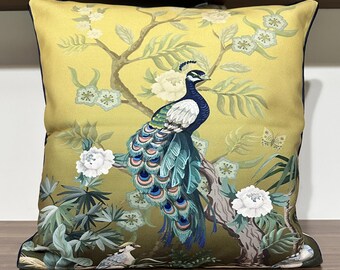 ピーコックフローラルのクッションカバー：アクアシノワズリクッション