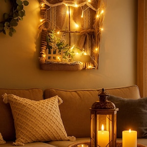 May include: A decorative window feature with fairy lights, burlap, and lace. A small white picket fence and greenery are inside the window frame. A lit lantern and candles sit on a woven tray on a wooden table, with a textured pillow on a sofa.