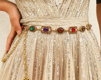 Vintage Antiqued Gold Tone Jeweled Chain Belt, Adjustable  display picture 2