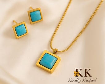 Gold Turquoise Jewelry Set | Square Pendant Necklace & Earrings | Retro Stainless Steel Gift for Her