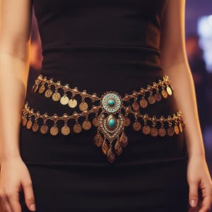Bohemian Turquoise Coin Waist Chain | Belly Dance Belt with Double Layer Metal Coins